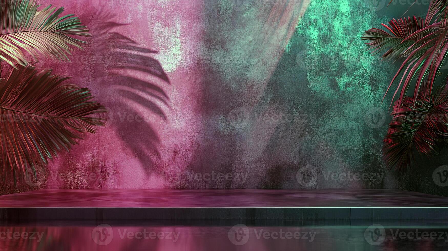 Tropical vibes pink and green abstract jungle background with palm leaves and water reflection photo