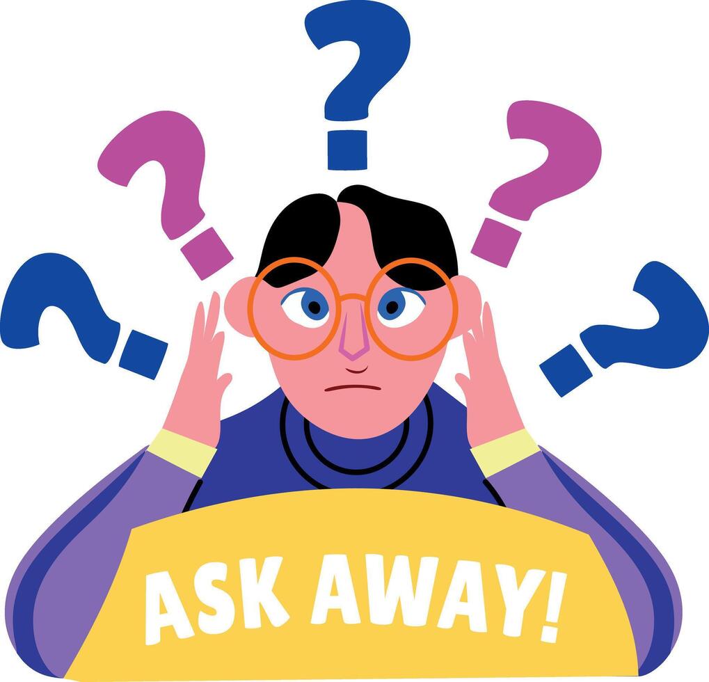 A flat sticker of a confused student with ask away typography vector