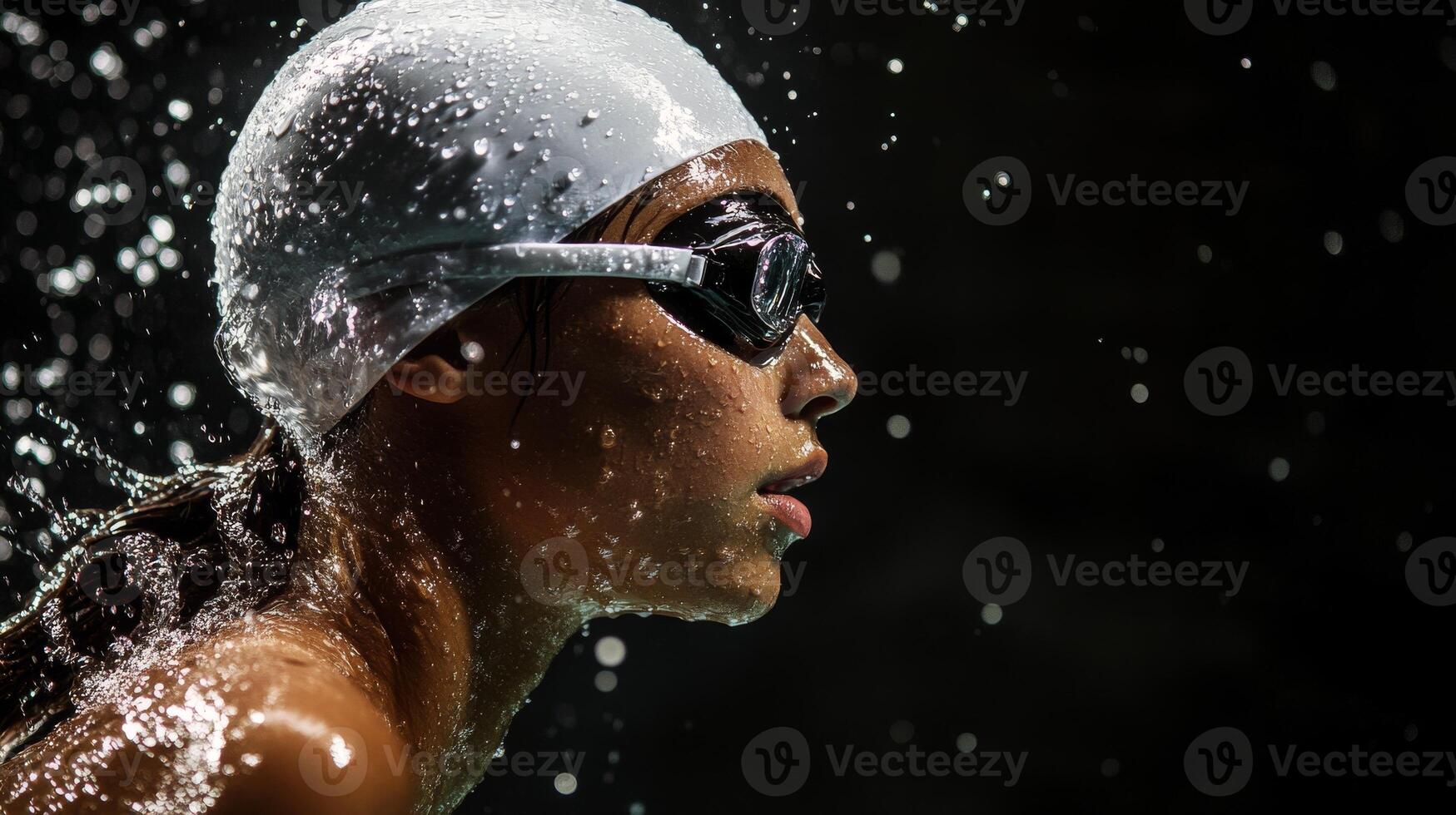 Female swimmer in action underwater with goggles and cap photo