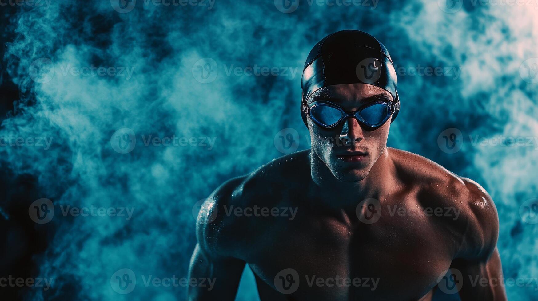 Focused caucasian male swimmer in swim cap and goggles against misty blue background photo