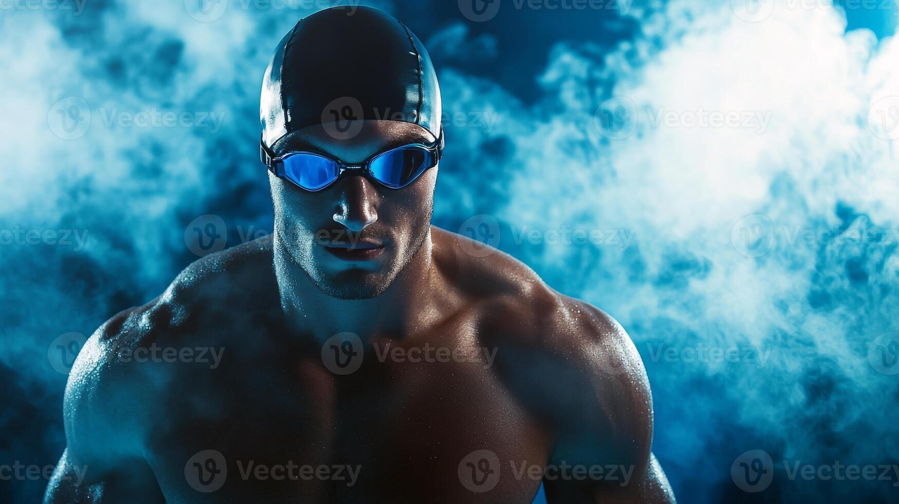 Focused male swimmer in goggles and swim cap surrounded by vapor photo