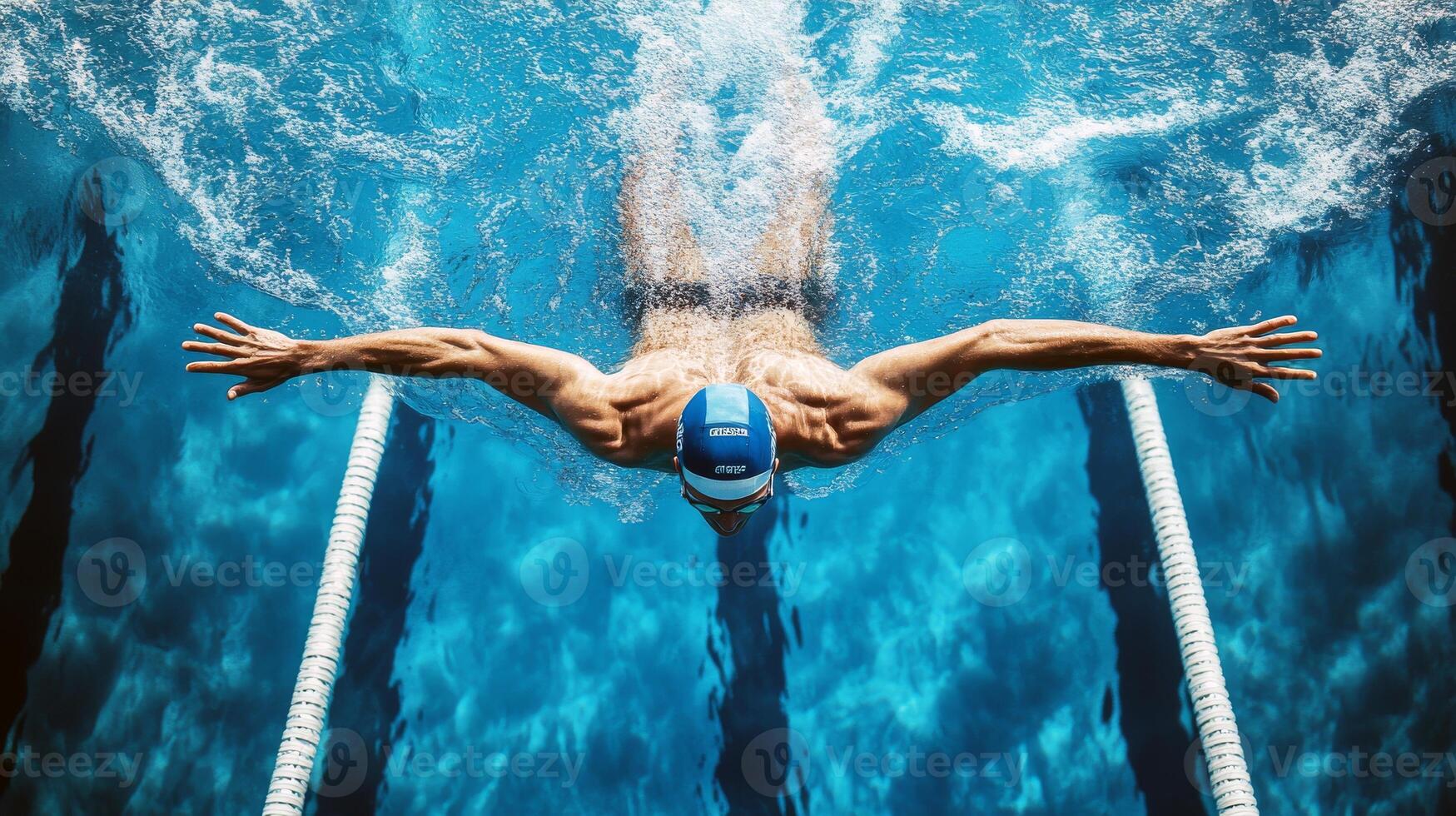 Male swimmer performing butterfly stroke in clear blue pool photo