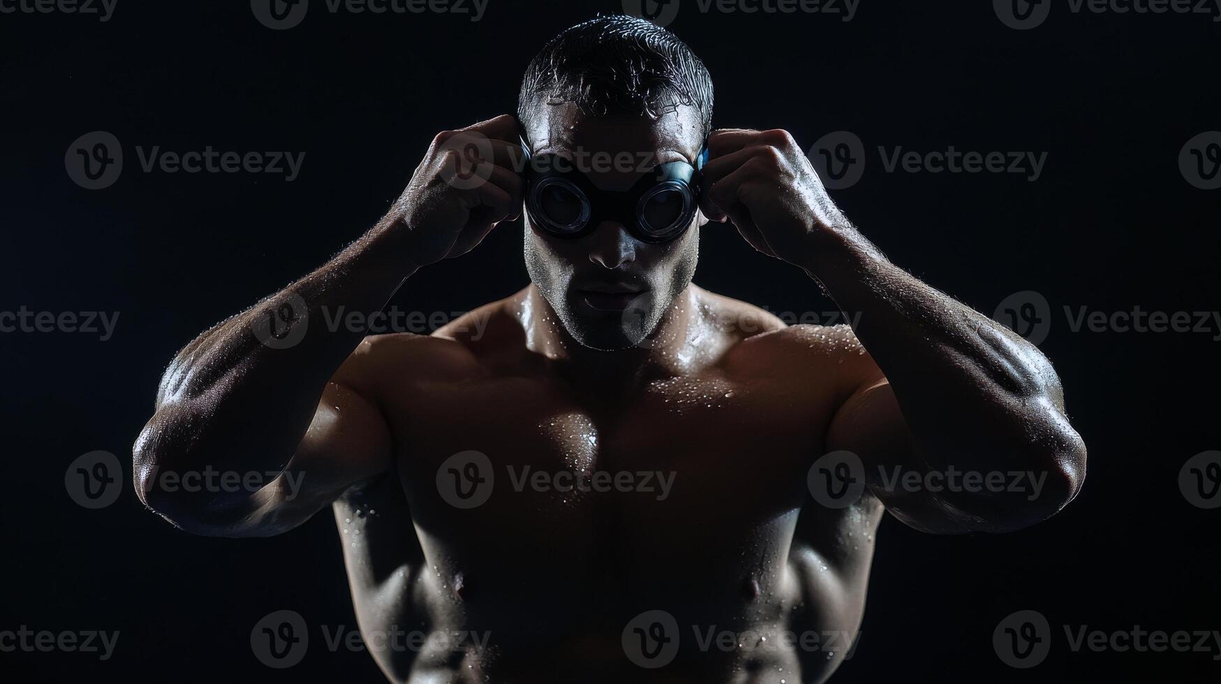 Male swimmer preparing with goggles in low light photo