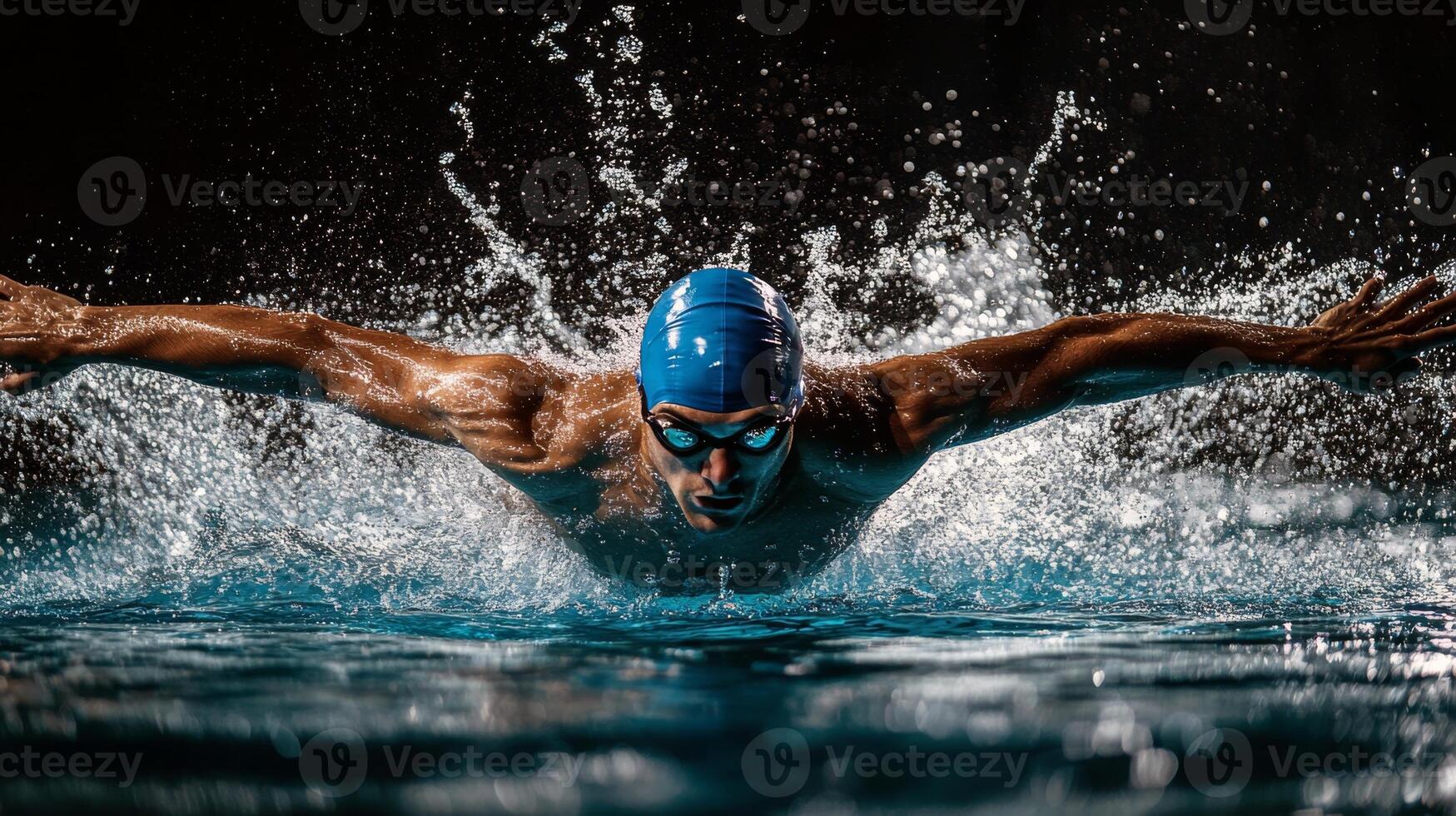 Male swimmer in action during butterfly stroke at indoor pool photo