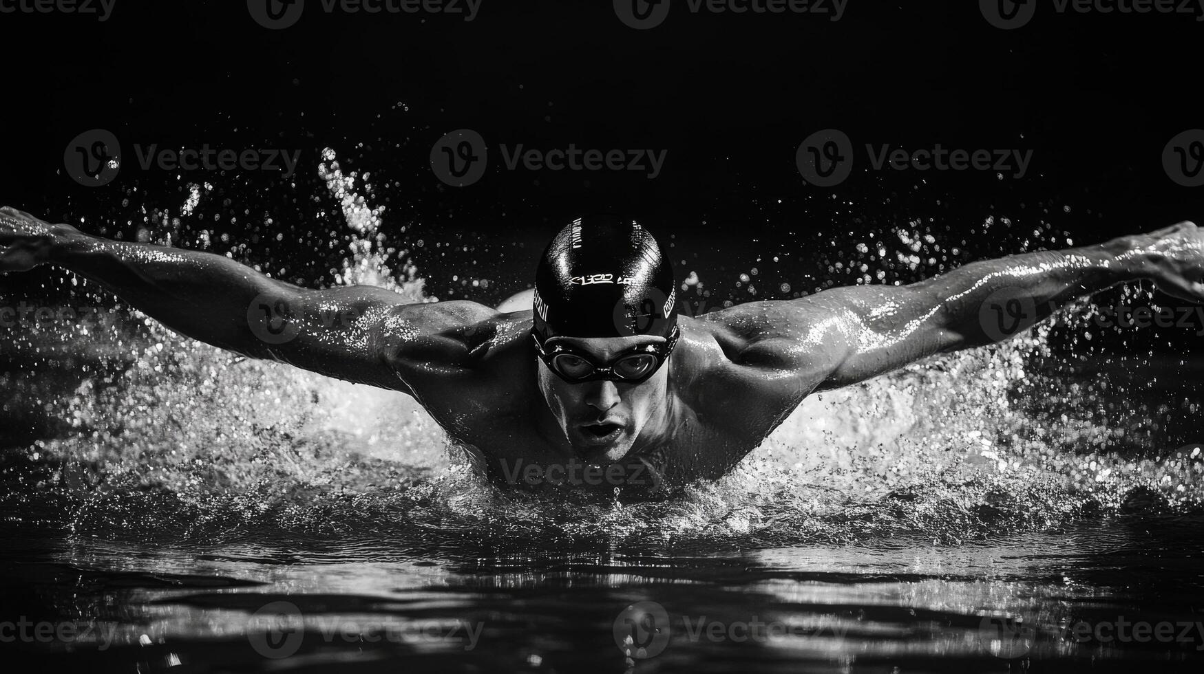 Male swimmer performing butterfly stroke in pool photo