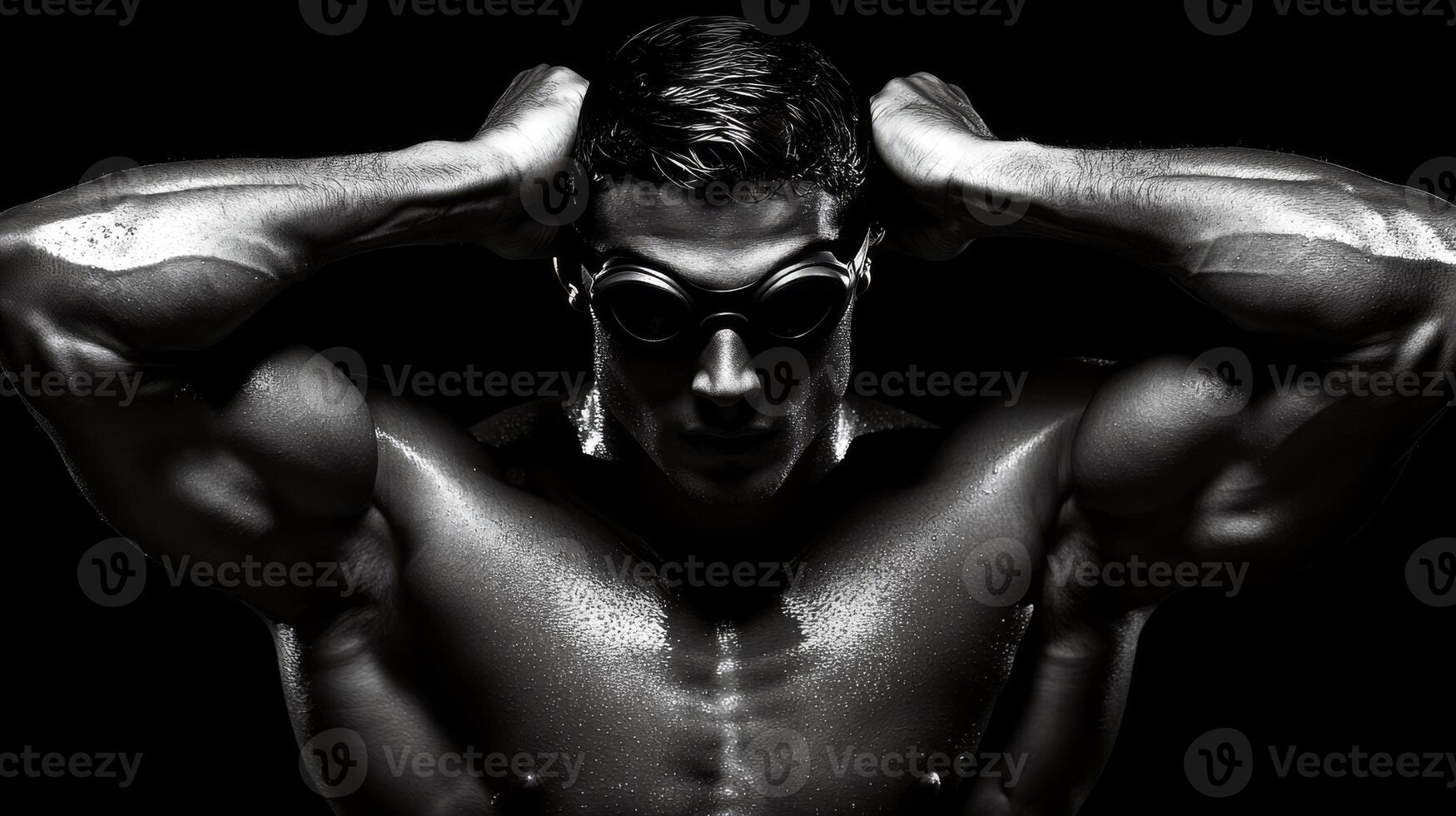 Strong young caucasian male athlete with goggles posing in monochrome lighting photo