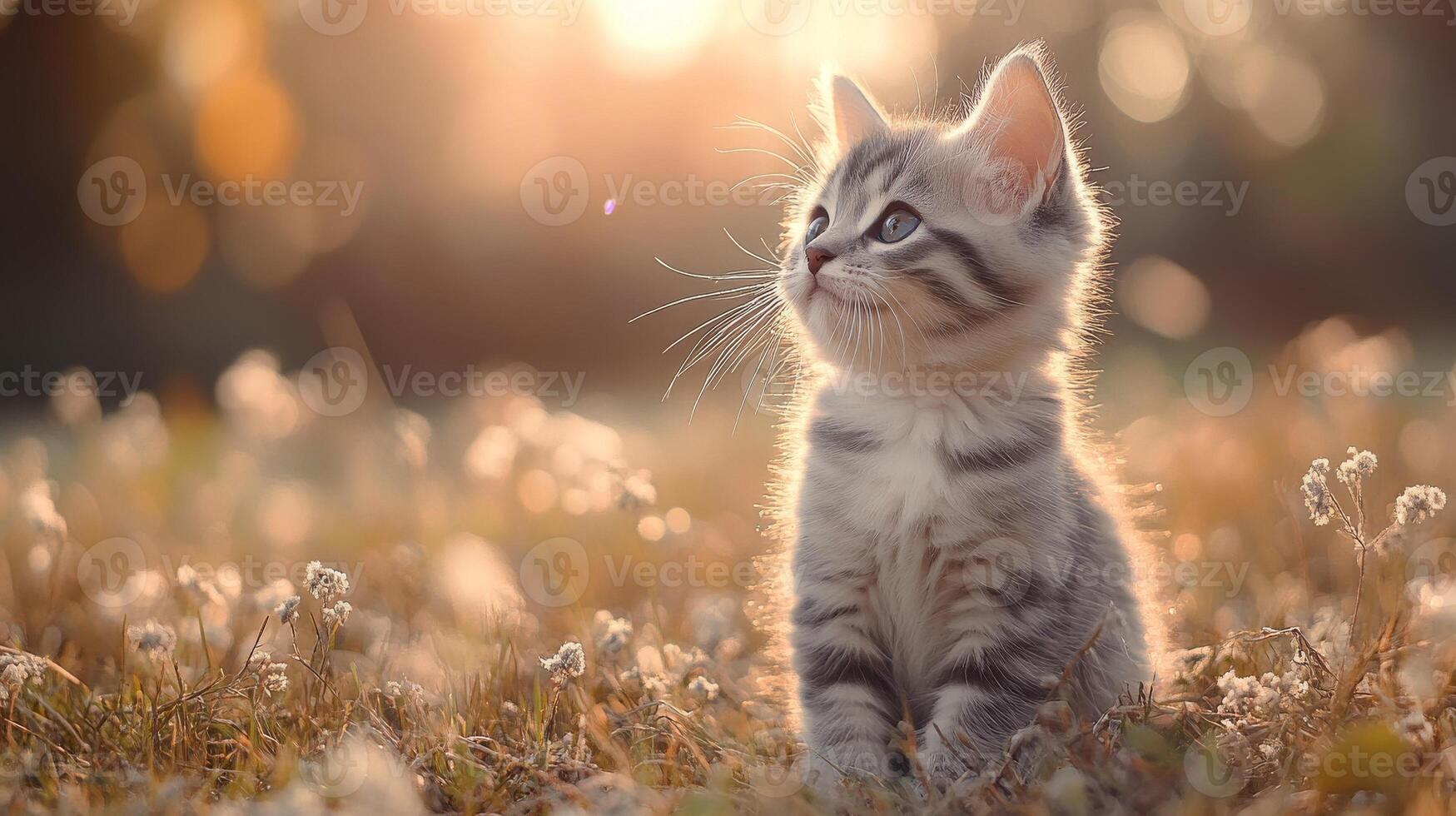 Adorable tabby kitten in sunlit field surrounded by flowers photo