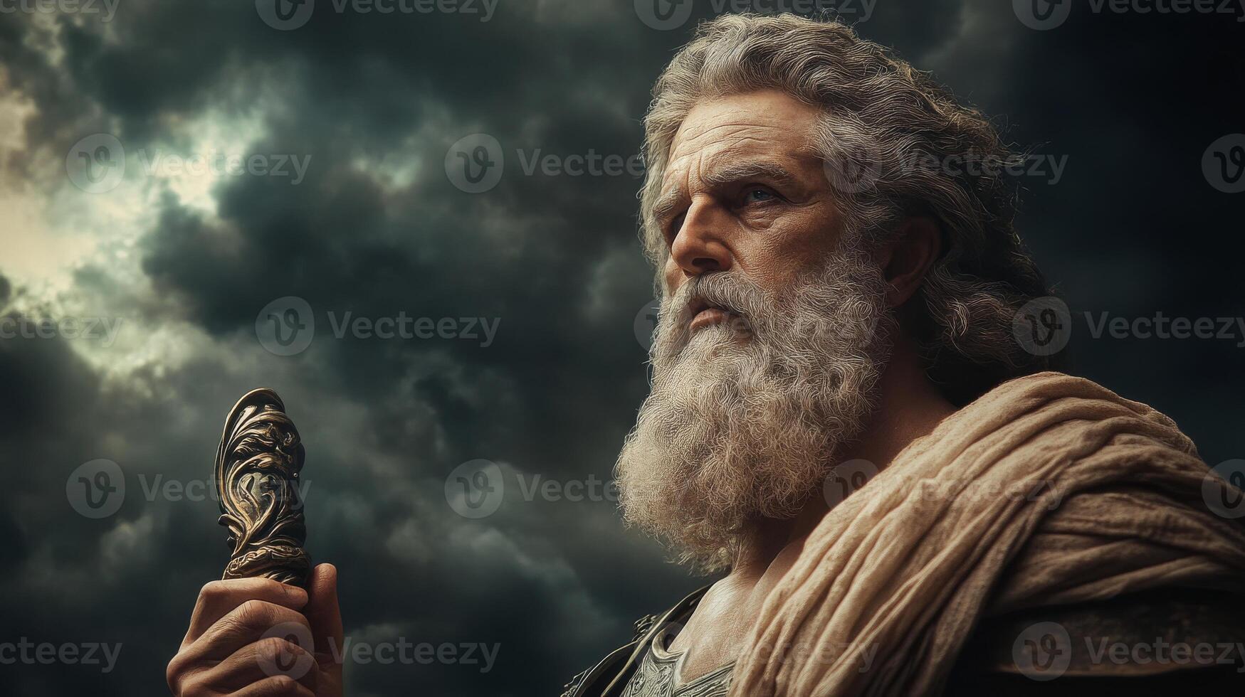 Ancient bearded mythical god holding staff under stormy skies photo
