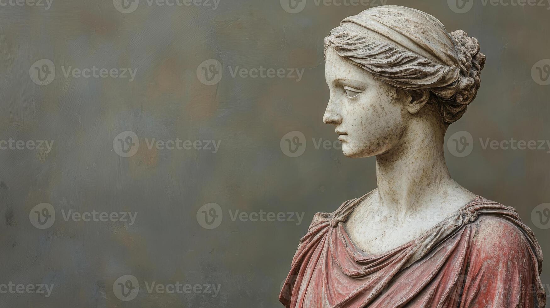 Ancient marble statue of woman with draped red robe against textured background photo