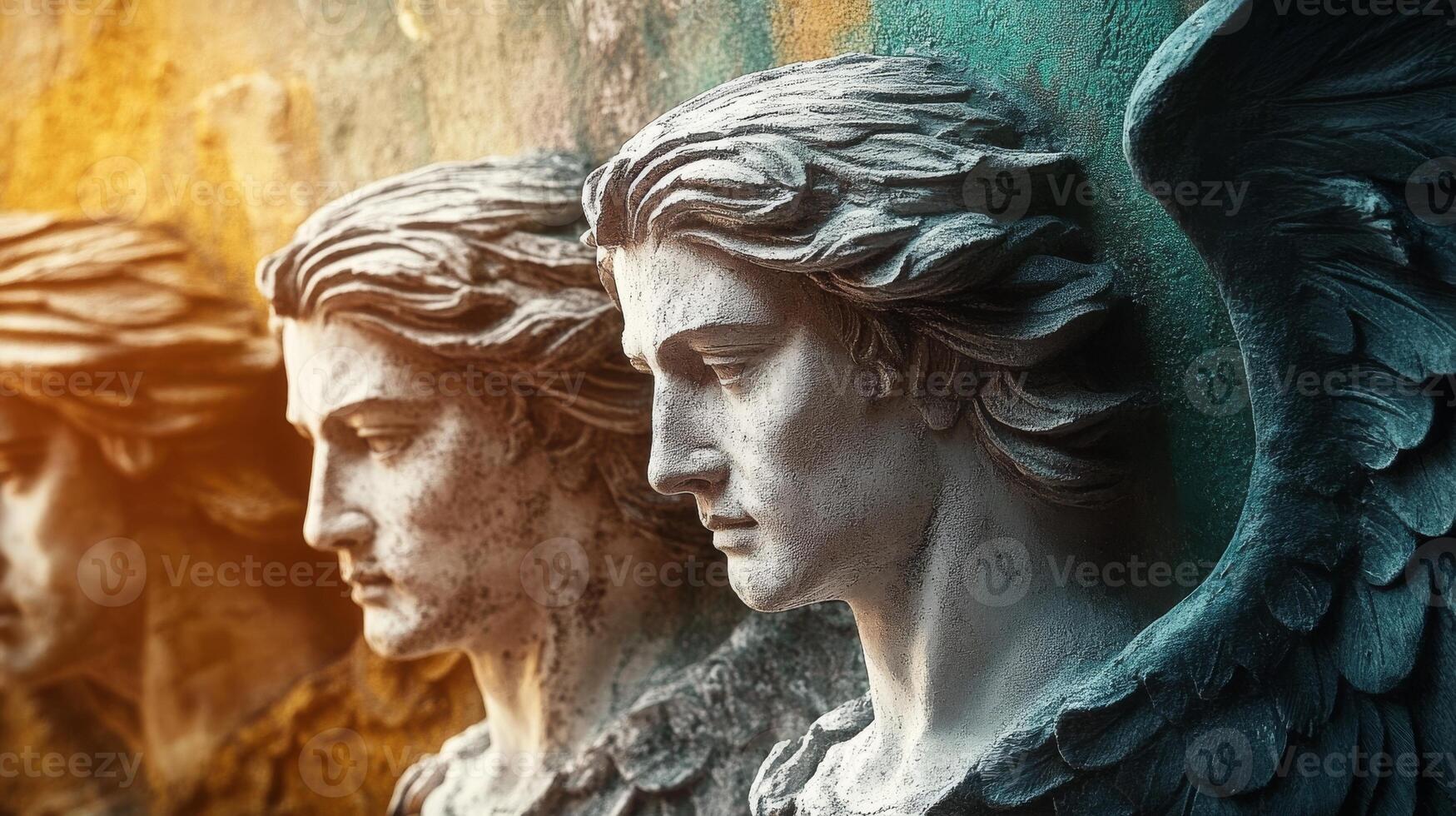 Ancient stone angel statues with dramatic lighting and detailed wings photo