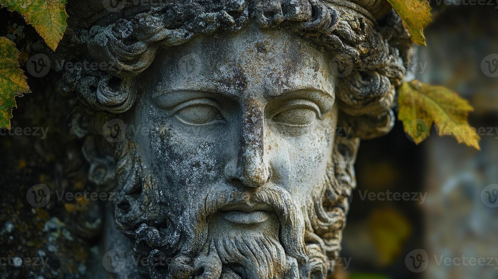 Ancient stone statue of bearded greek god in nature with leaves photo