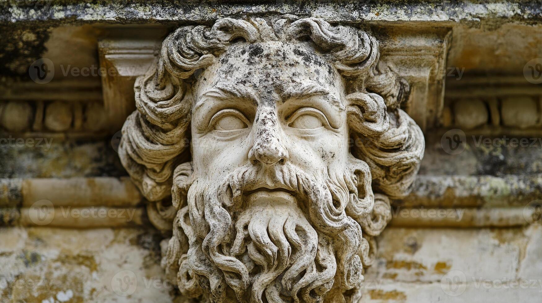 Ancient stone sculpture of bearded male face with detailed features photo