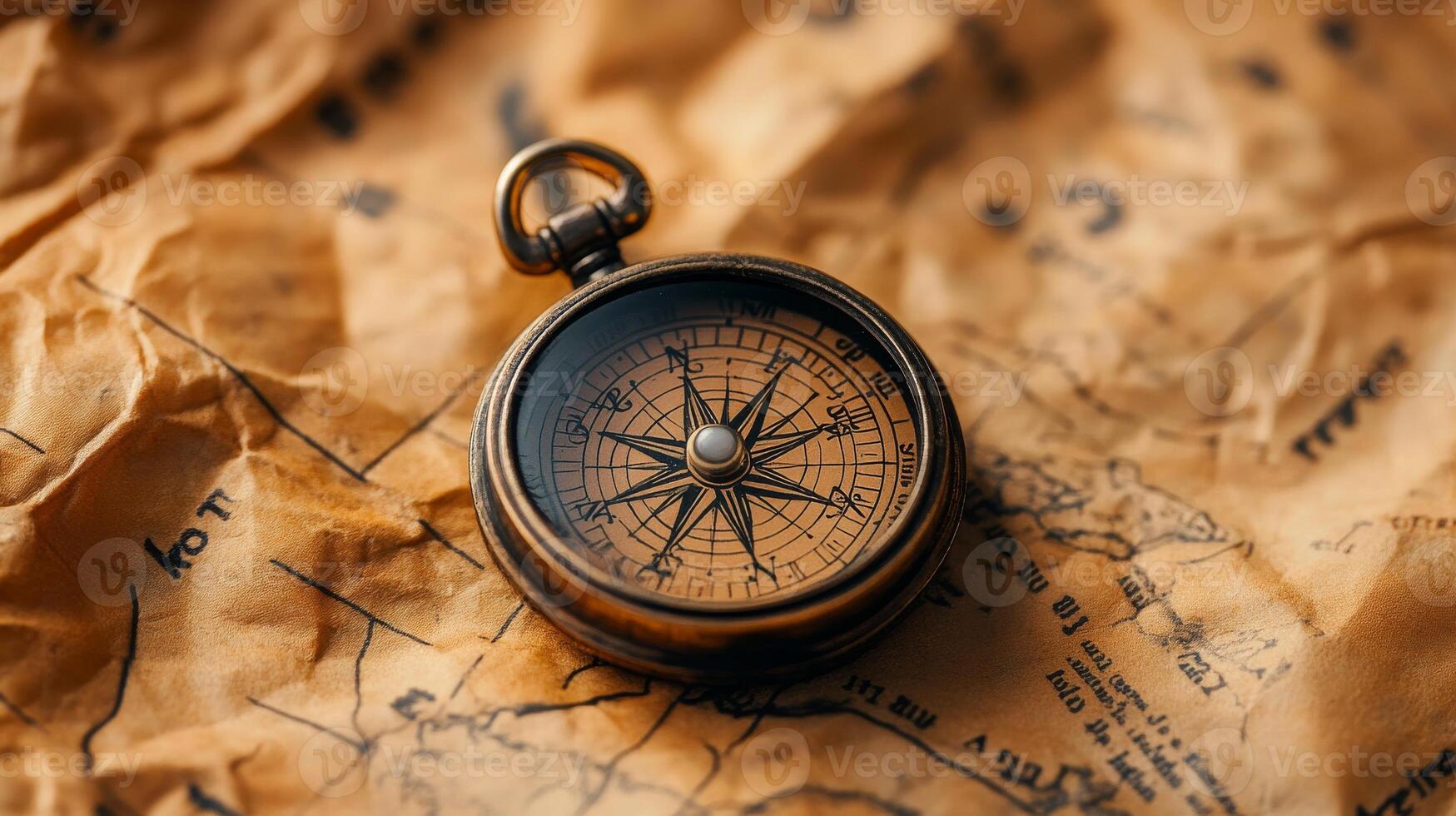 Antique brass compass on vintage map background with intricate details photo