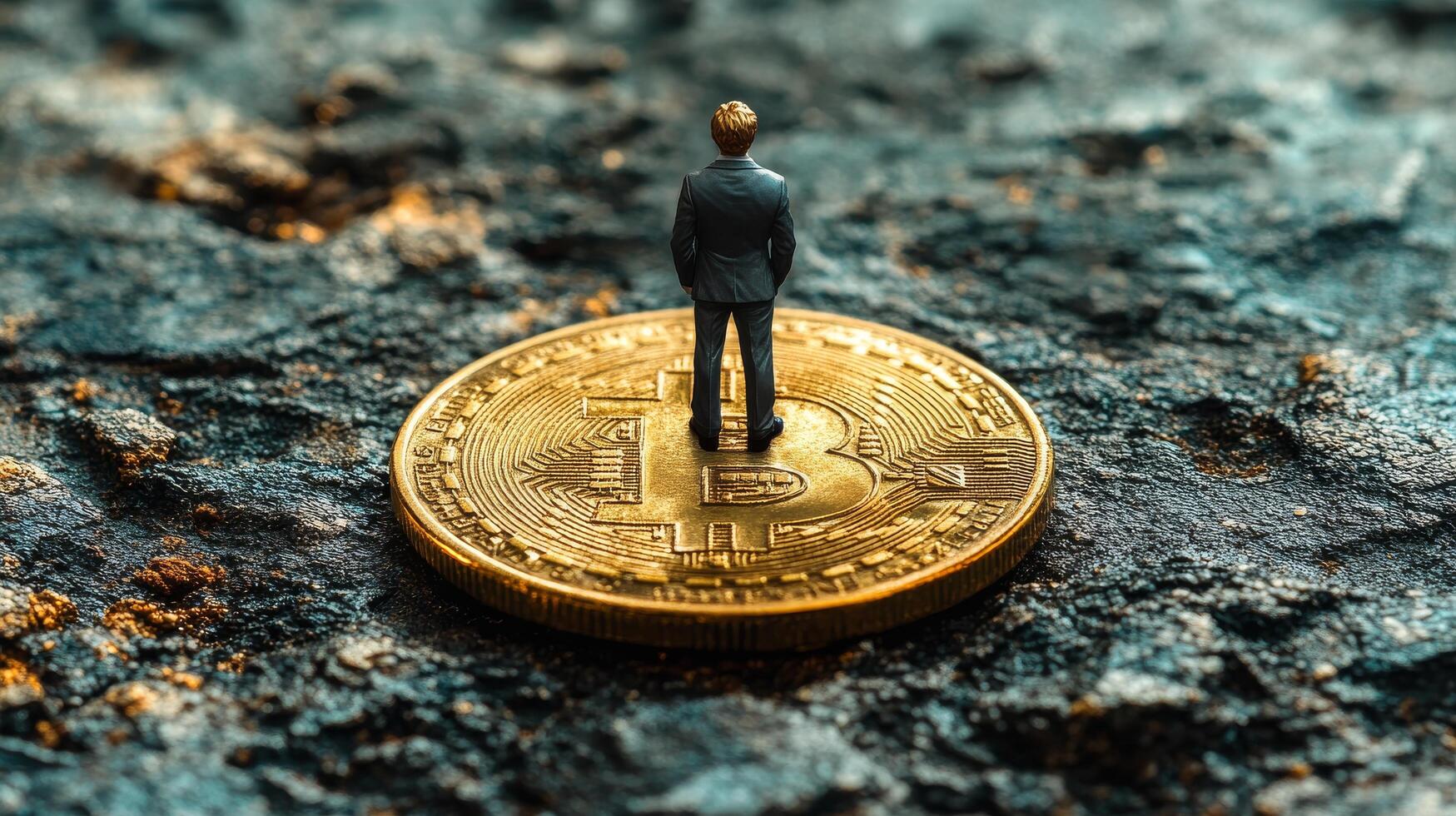 Businessman standing on bitcoin gold coin symbolizing cryptocurrency and finance photo