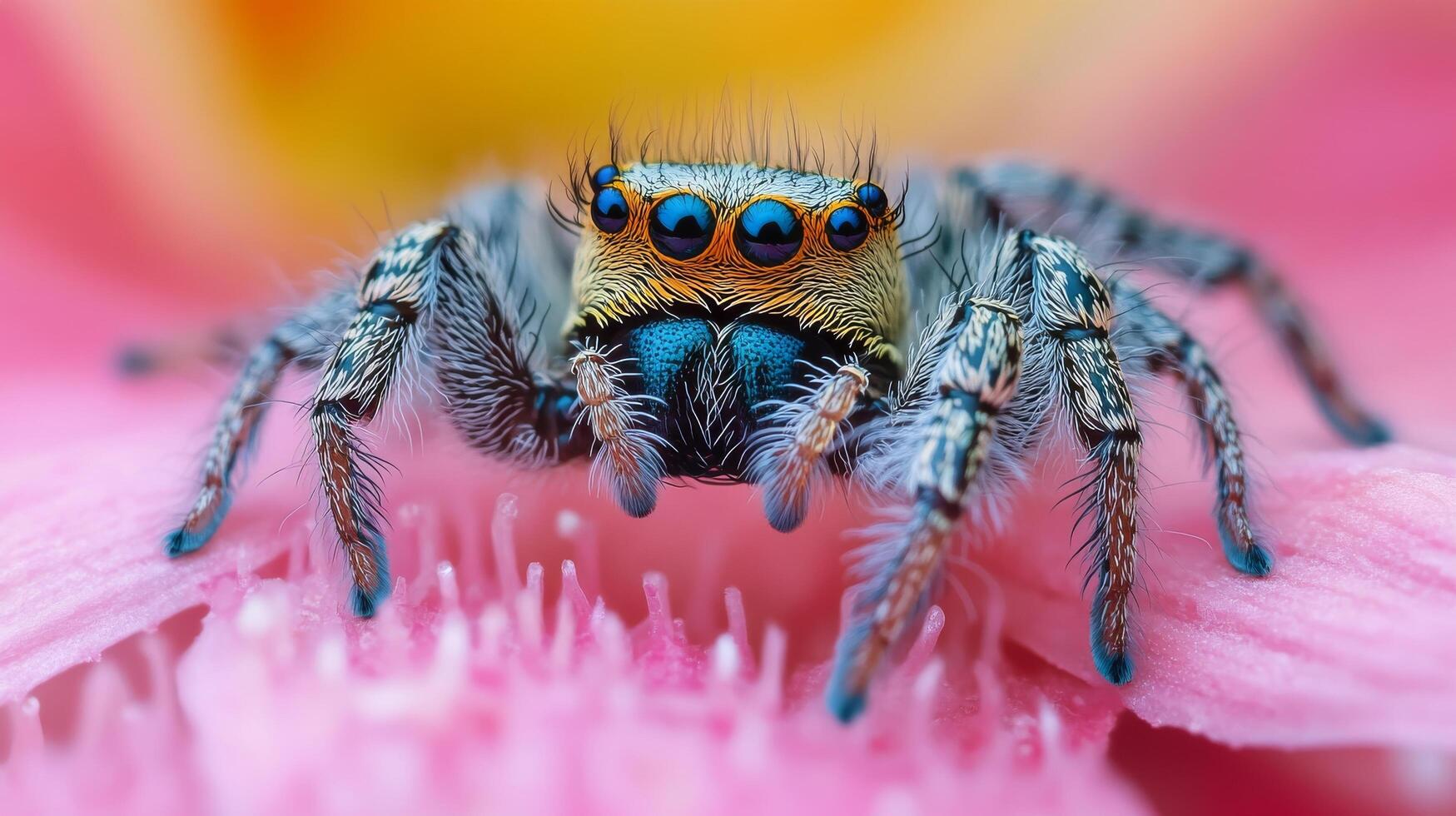 Close-up of a colorful jumping spider on a pink flower photo
