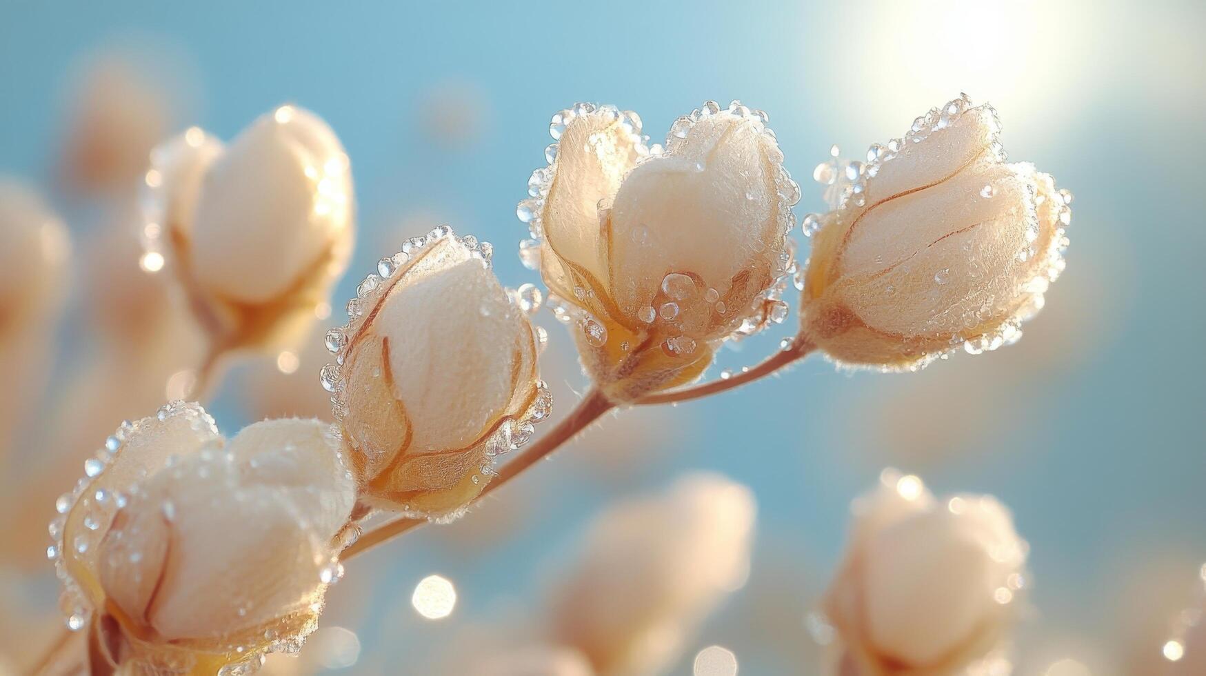 Close-up of dew-covered white flowers in morning sunlight photo