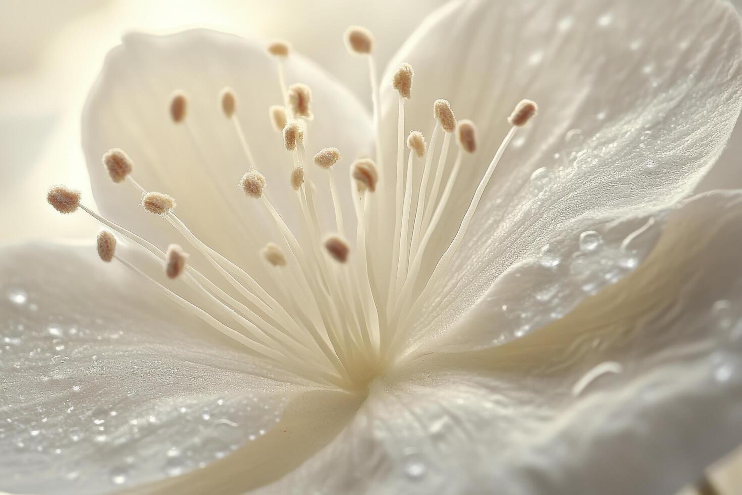Close-up of dew-kissed white cherry blossom in soft light photo
