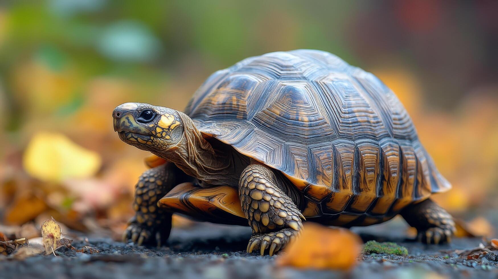 Close-up of tortoise on leaf-strewn path with detailed shell texture photo