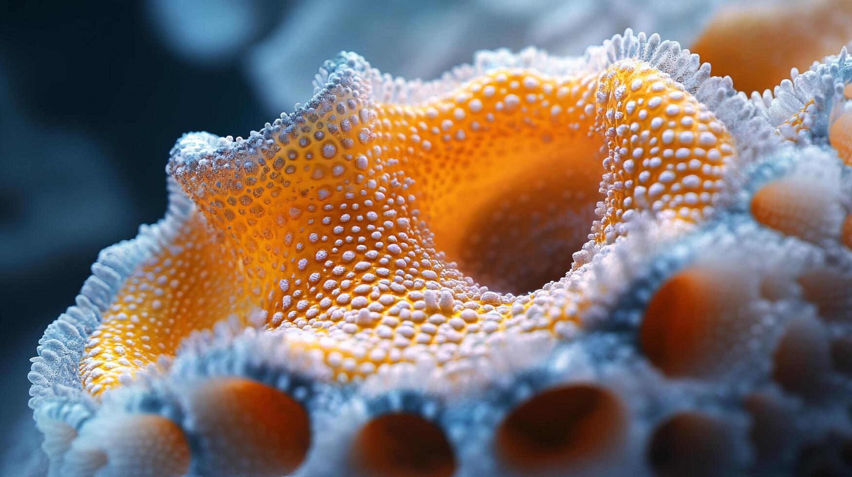 Close-up of vibrant orange and blue coral polyps in underwater scene photo