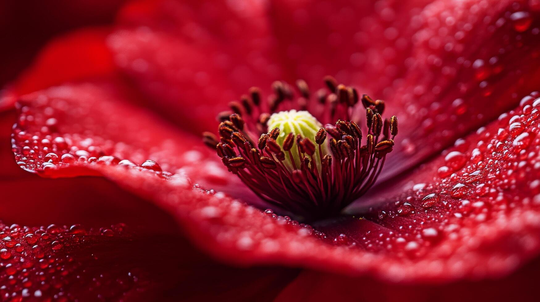 Close-up of vibrant red flower with dew-kissed petals and intricate center details photo