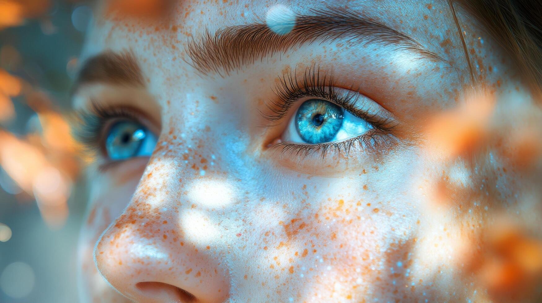 Close-up of young caucasian female with freckles and blue eyes amidst autumn leaves photo