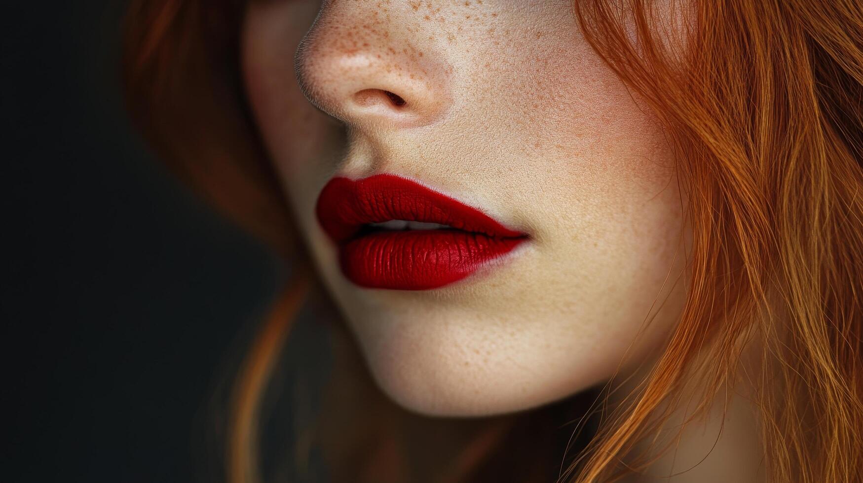Close-up of young caucasian female with red hair and bold red lips in focused portrait photo
