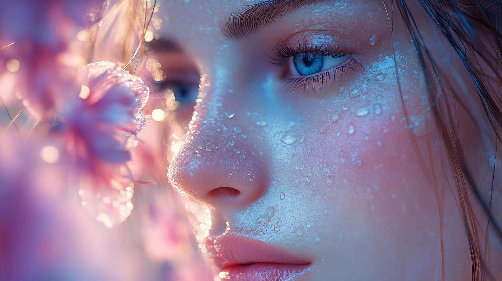 Close-up of young caucasian female with wet skin and pink flowers photo