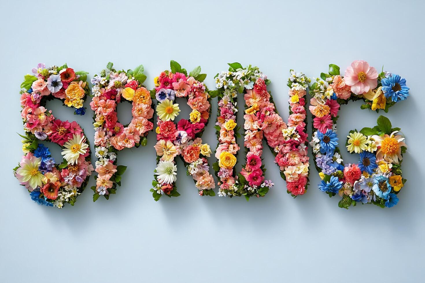 Colorful floral arrangement spelling spring with vibrant flowers on light background photo
