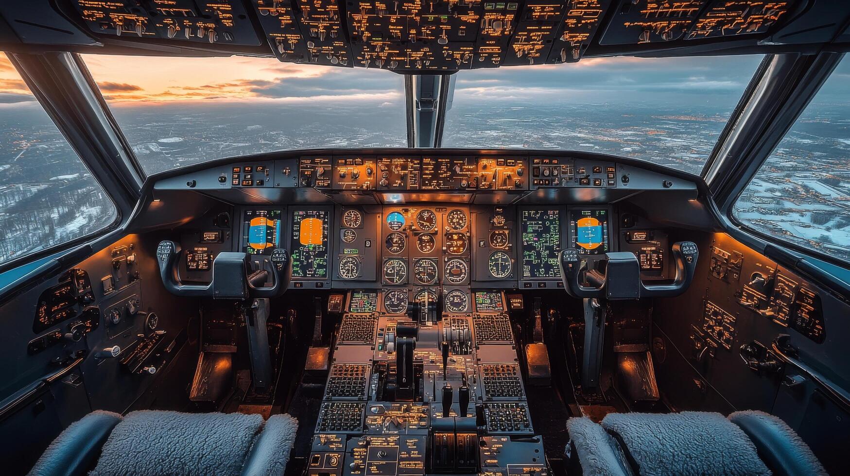 Cockpit view of commercial airplane during sunset with cityscape below photo