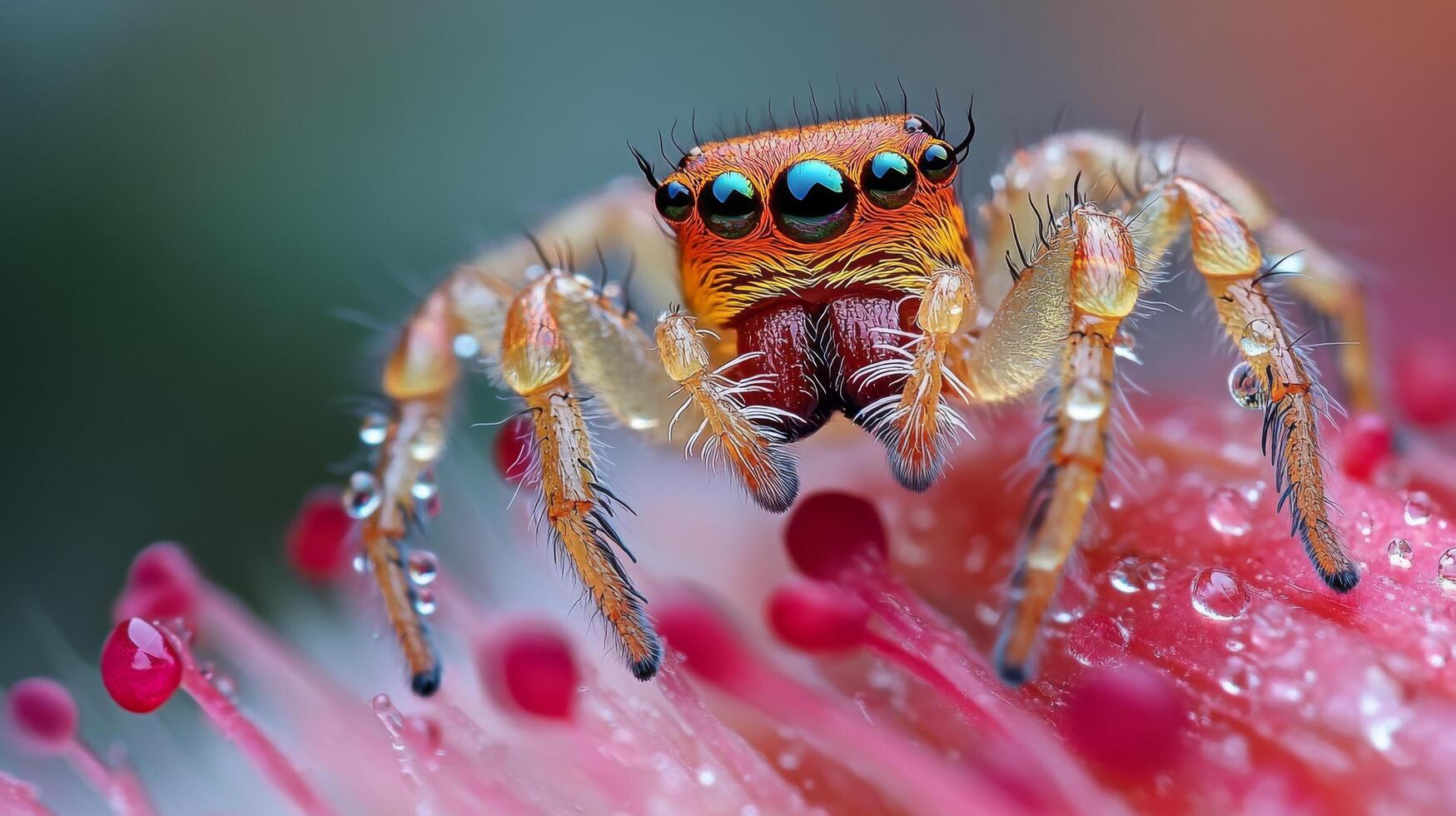 Colorful jumping spider on dew-covered flower macro close-up photo