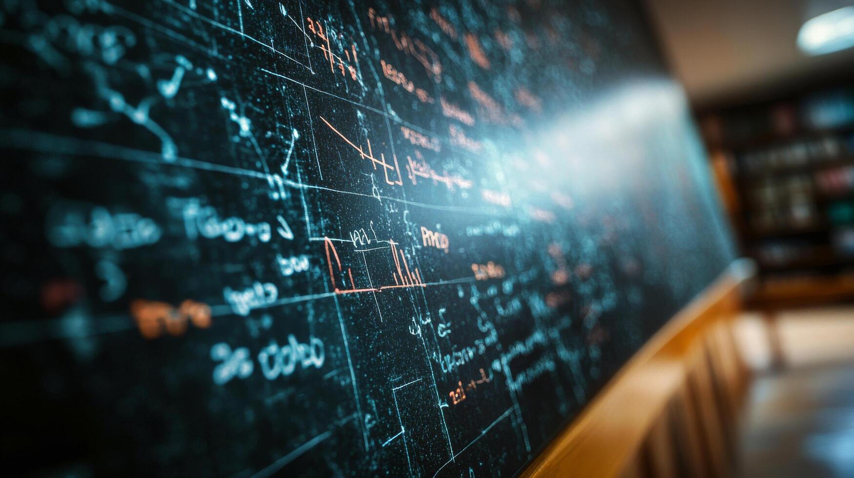 Complex mathematical equations on chalkboard in academic setting photo