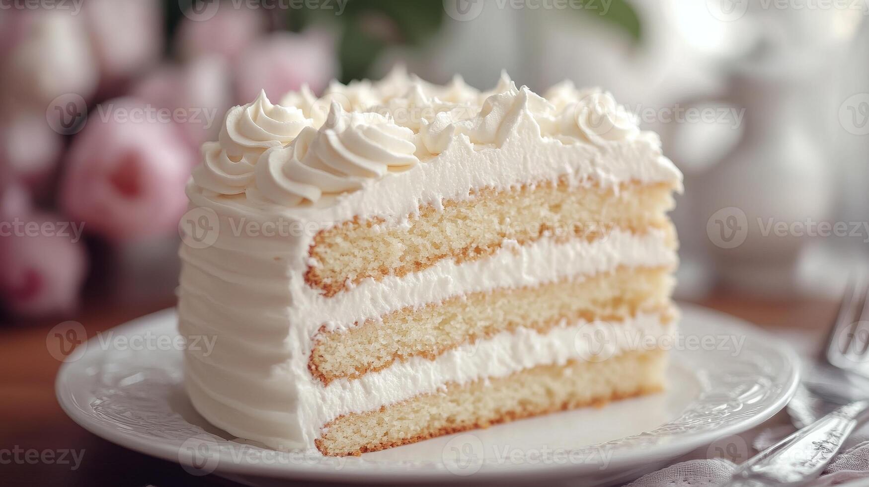 Delicious triple layer vanilla cake with whipped cream frosting on plate photo