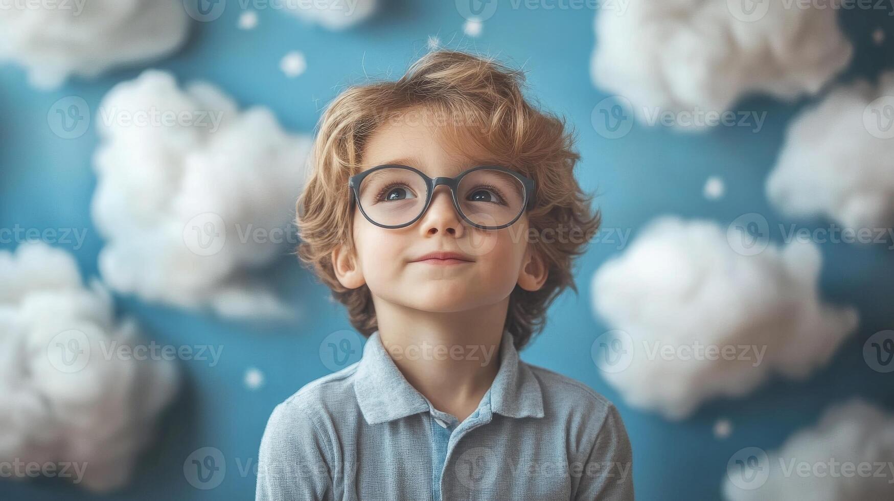 Dreamy caucasian child with glasses gazing at cloudy sky photo