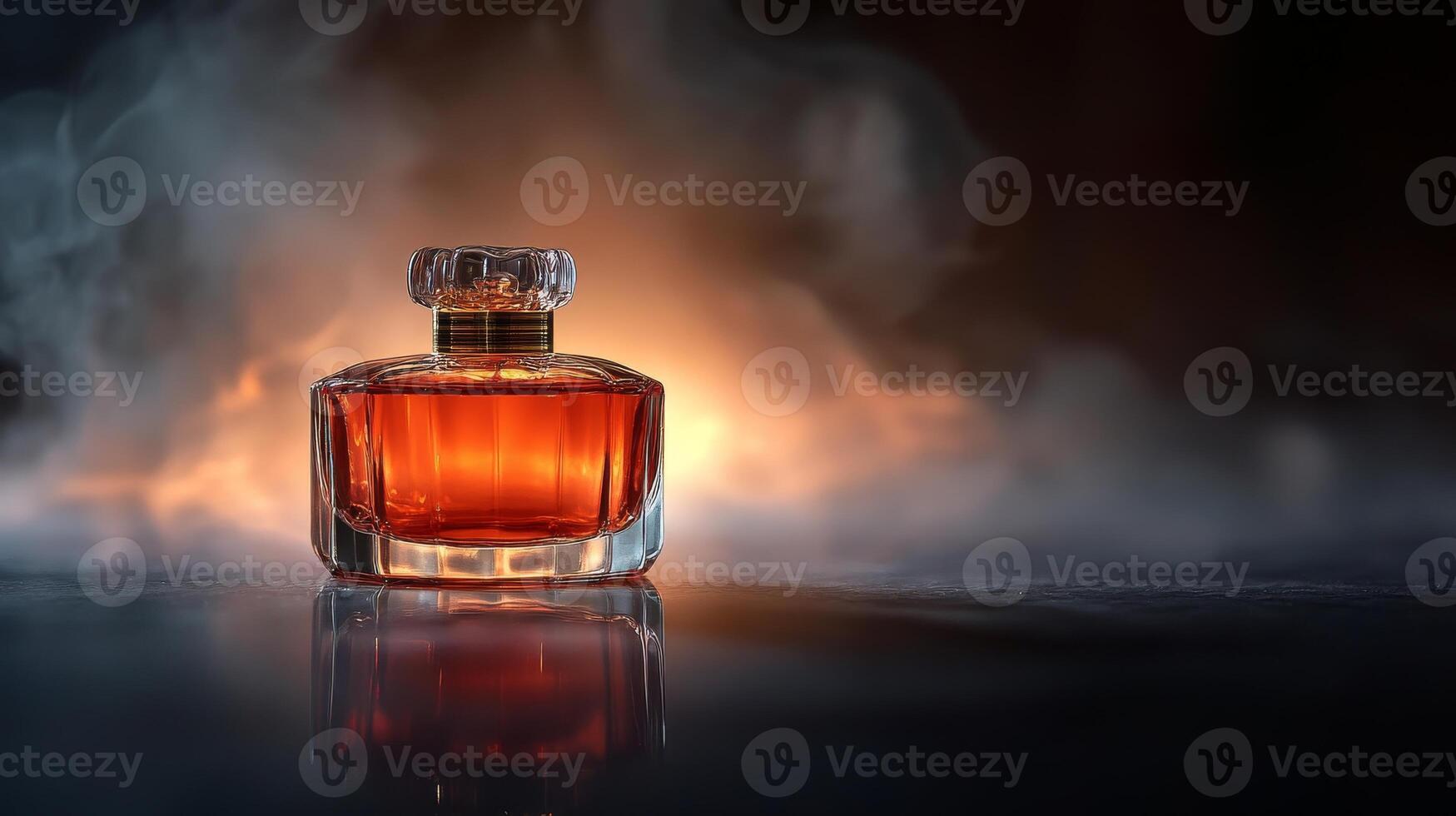Elegant amber perfume bottle with smoky background and captivating glow photo