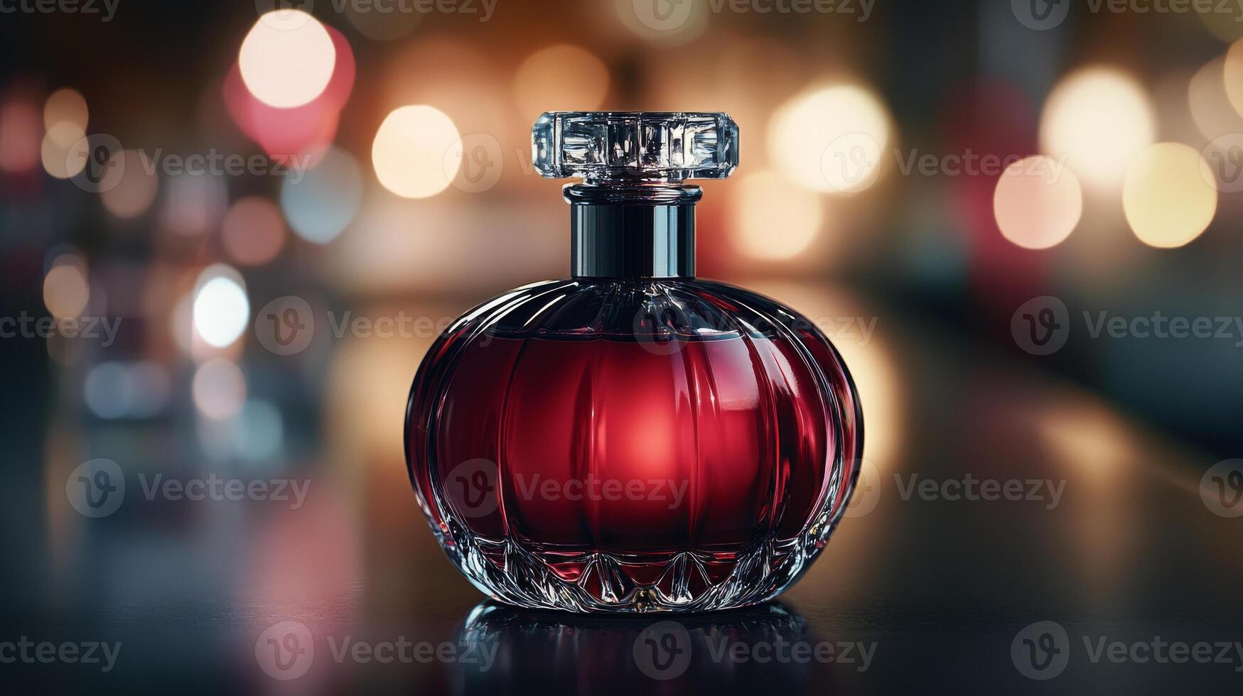 Elegant red perfume bottle on reflective surface with golden bokeh lights photo