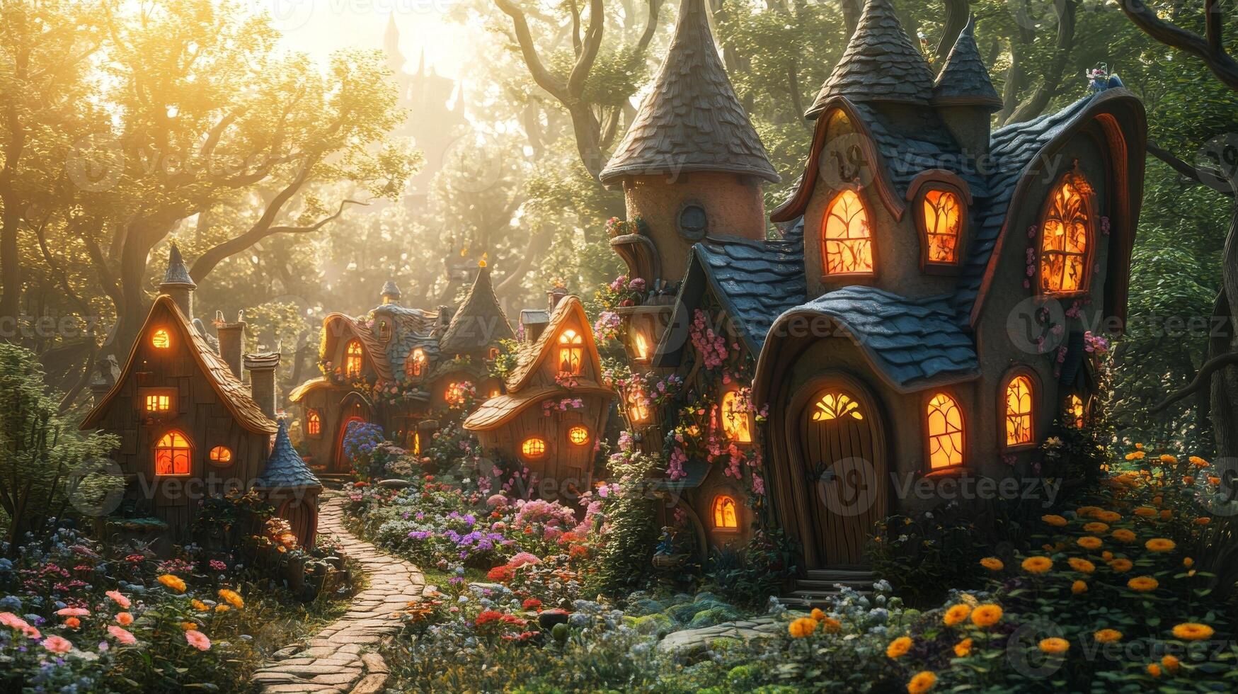 Enchanted fairy tale village with glowing cottages in a magical forest photo