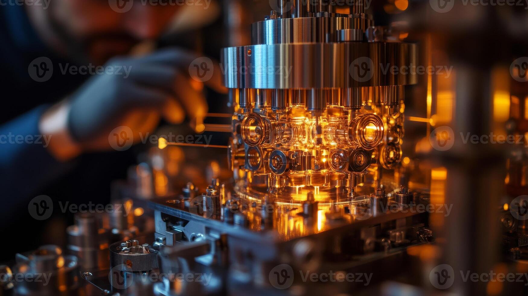Engineer adjusting quantum computer components in a high-tech lab photo