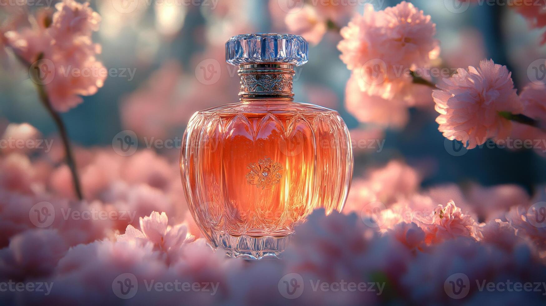 Exquisite perfume bottle among blooming pink cherry blossoms in soft light photo
