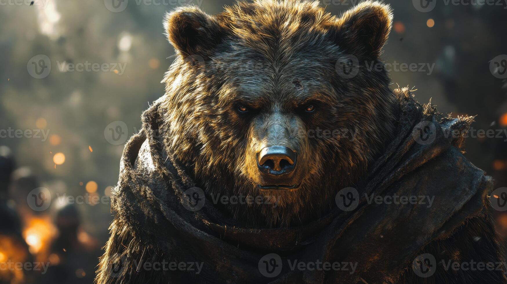 Fierce bear in tattered cloak surrounded by embers in a mysterious forest photo