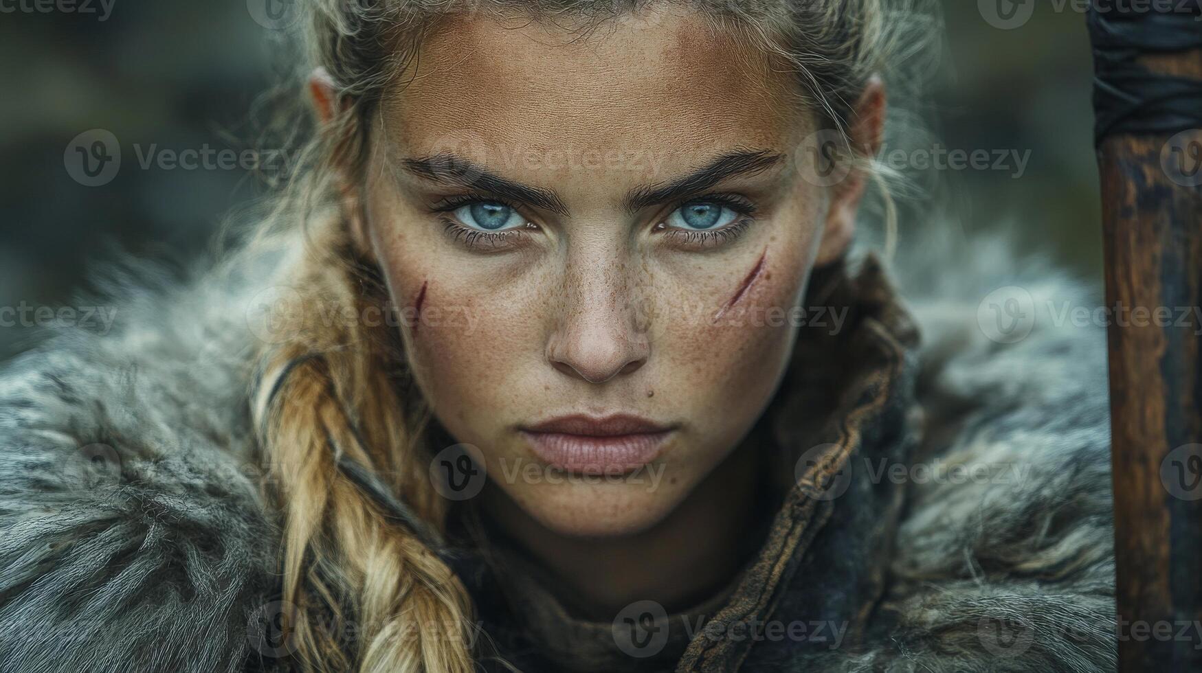 Fierce female warrior with braided hair and scars in fur clothing photo