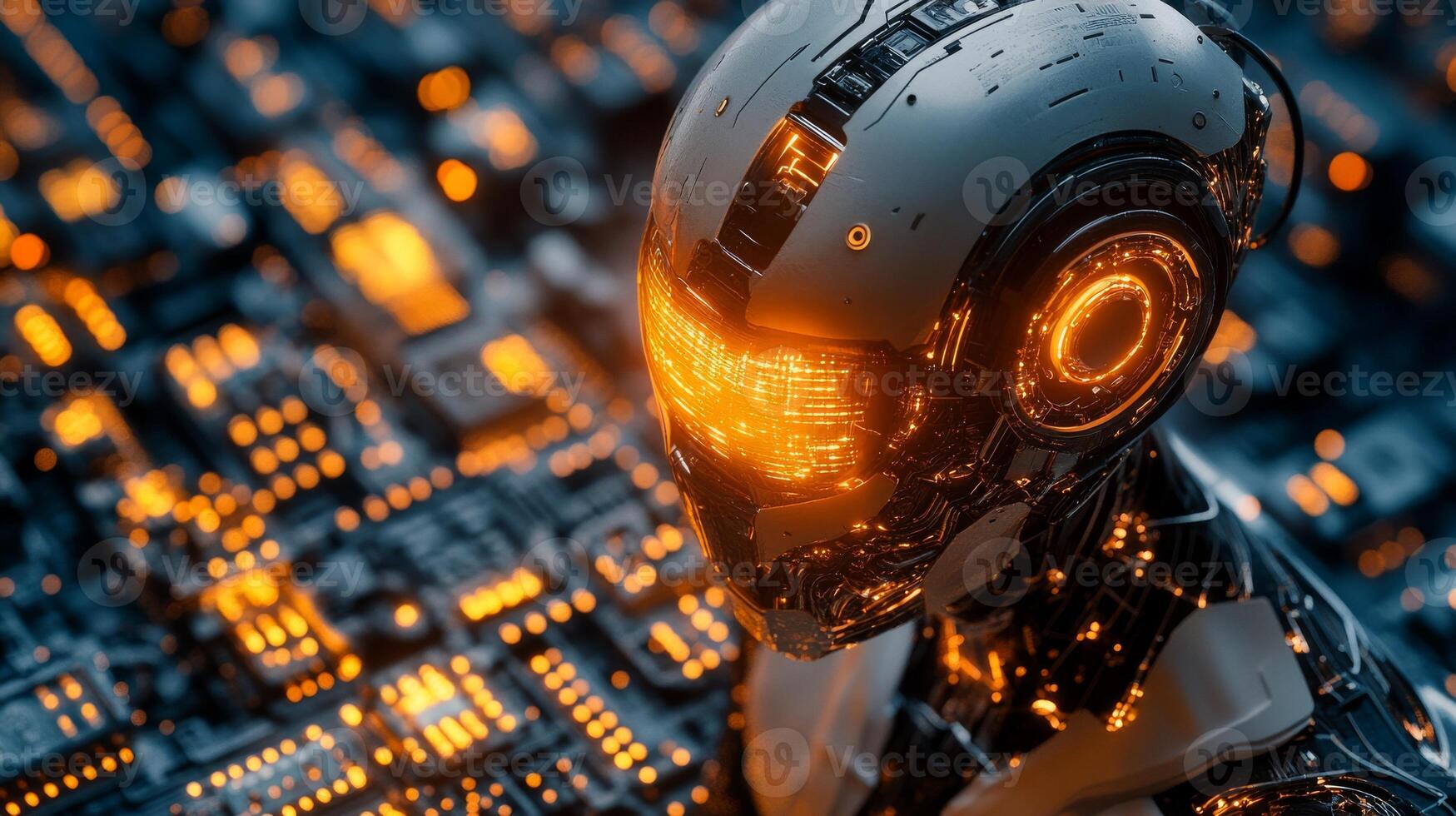 Futuristic robot with glowing orange lights in a high-tech urban environment photo