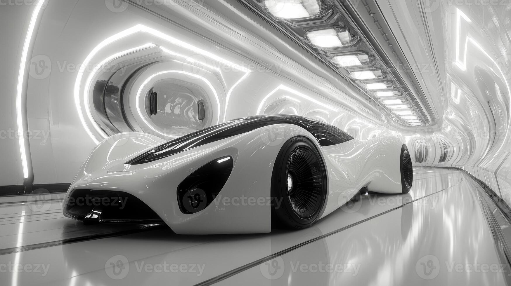 Futuristic sleek white car in modern illuminated tunnel photo