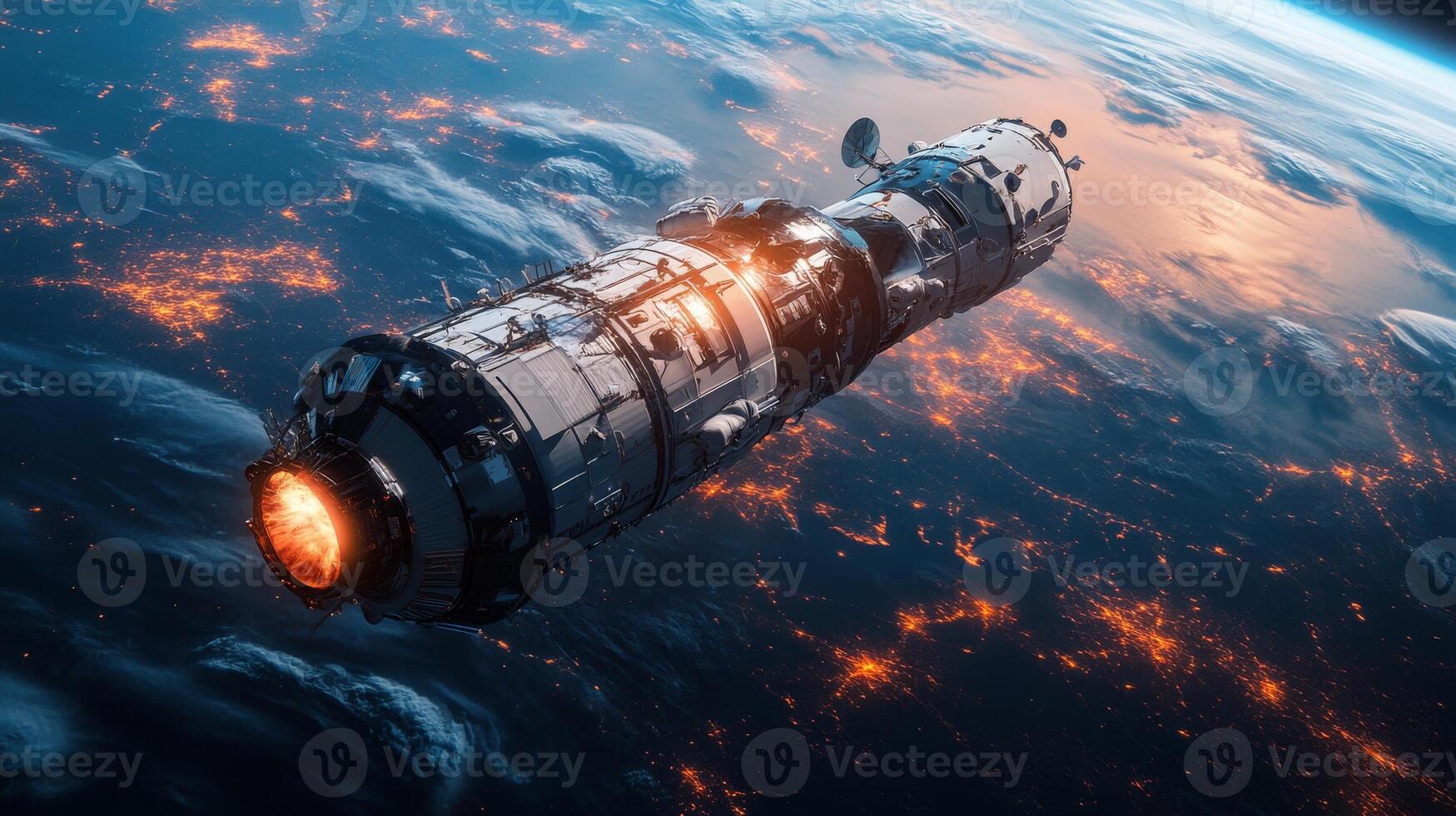Futuristic spacecraft orbiting earth with fiery engine over glowing cityscapes photo