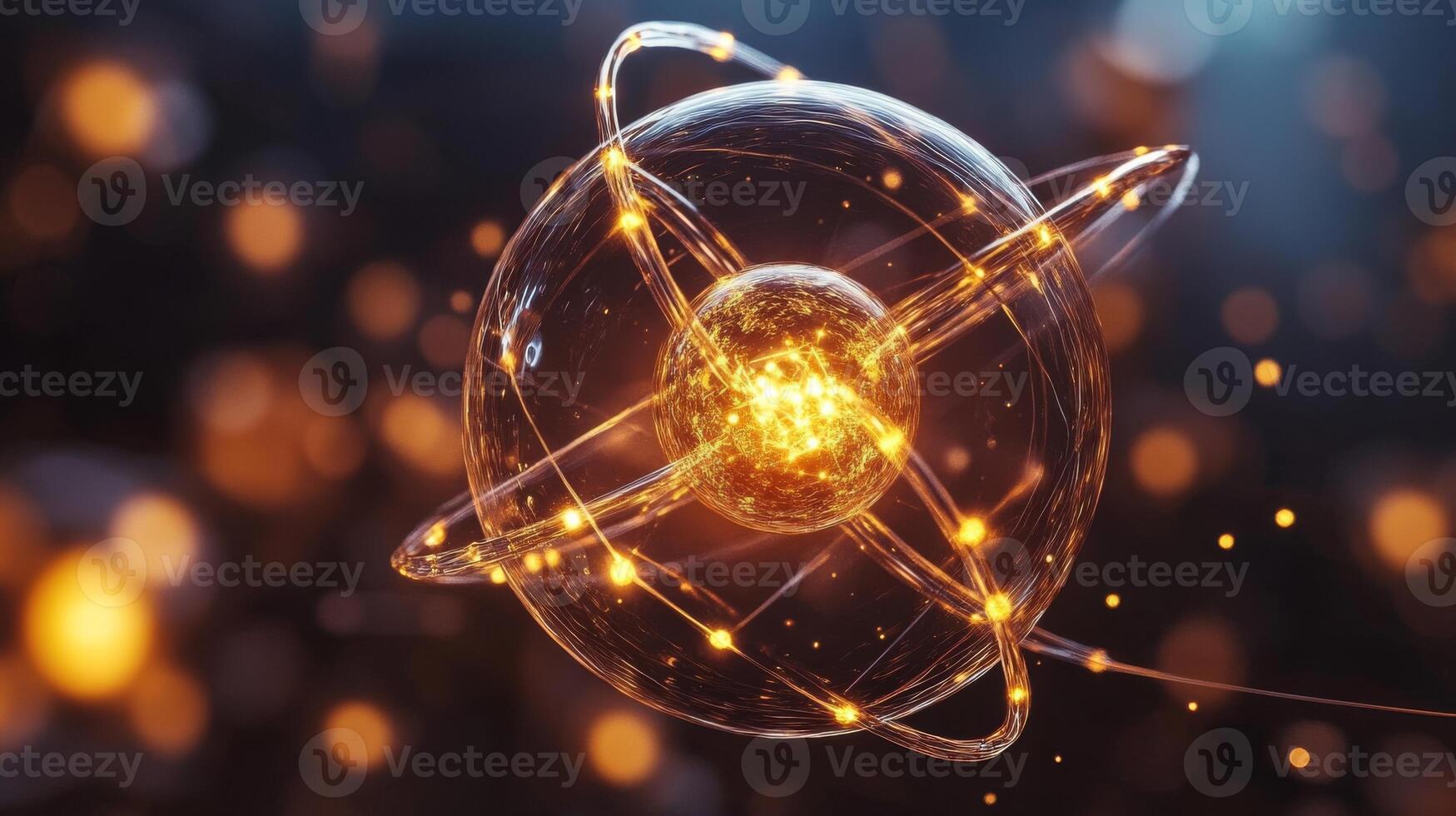 Glowing atomic structure with luminescent particles photo