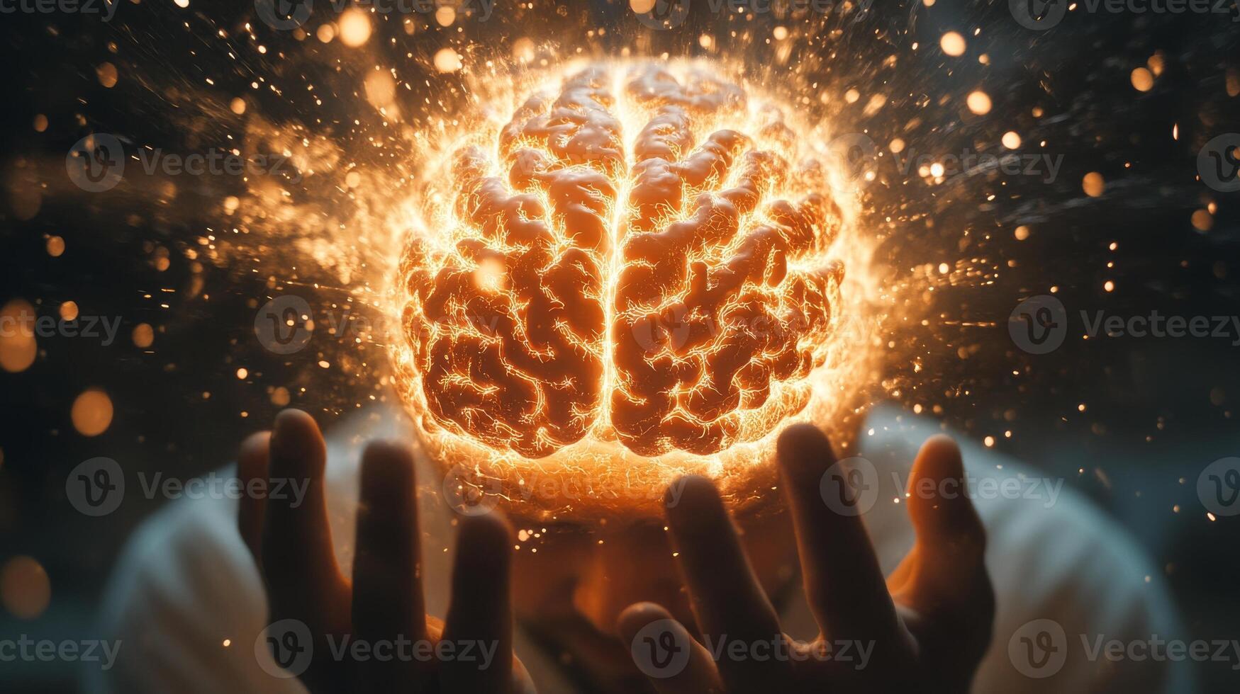 Glowing brain in human hands depicting conceptual intelligence and creativity photo