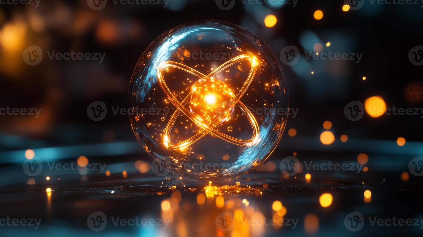 Glowing atomic structure with sparkling particles in a dark setting photo
