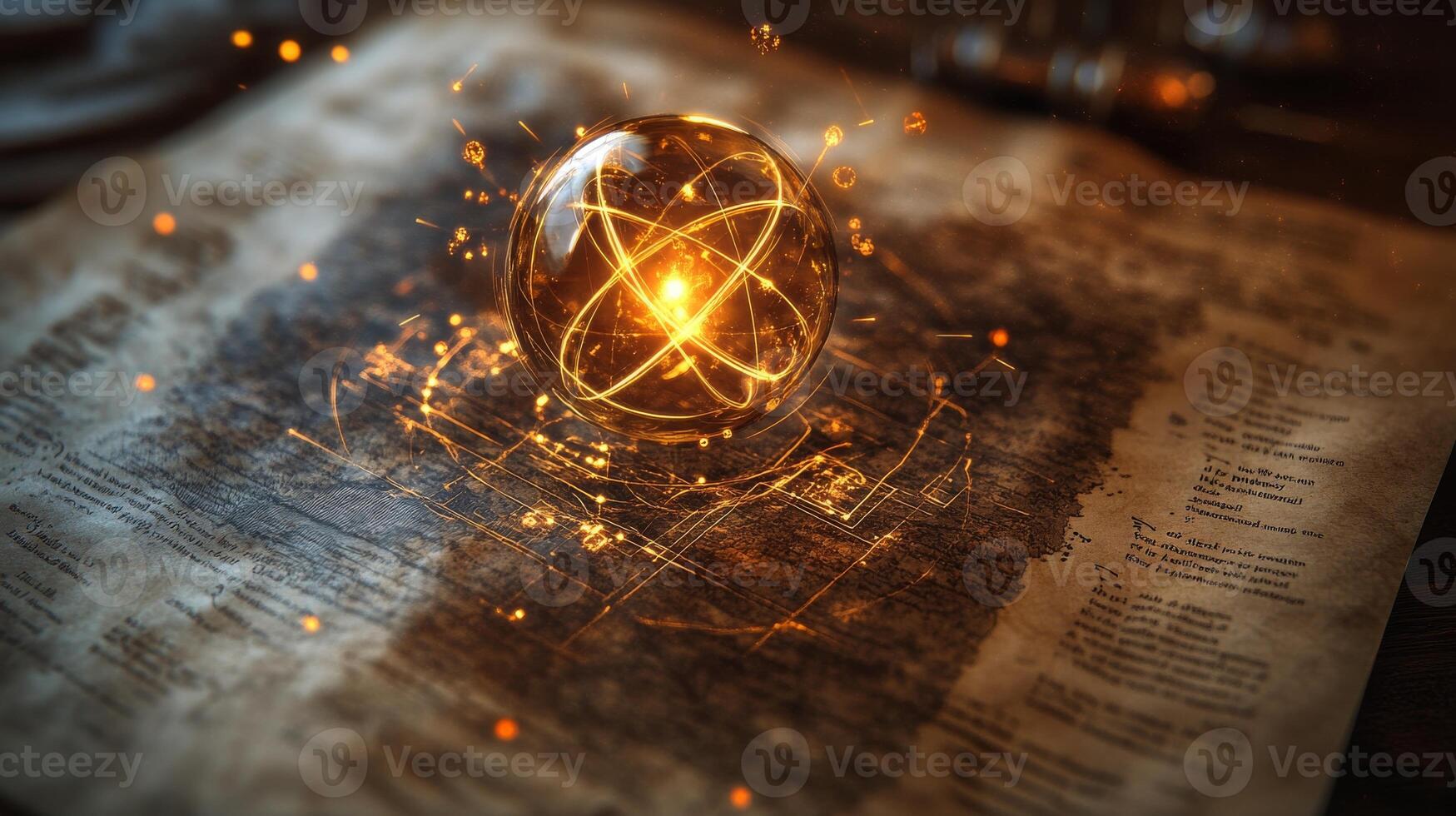 Glowing energy sphere radiates above aged manuscript on wooden desk photo