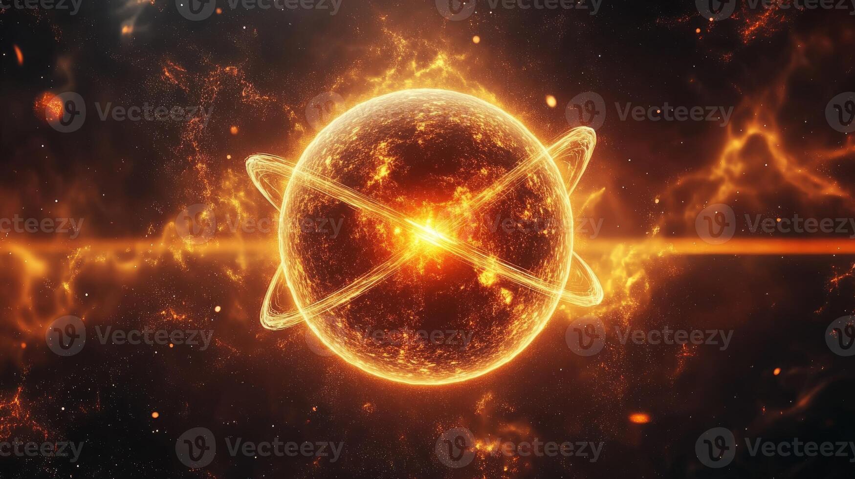 Glowing cosmic orb surrounded by fiery energy and space elements photo