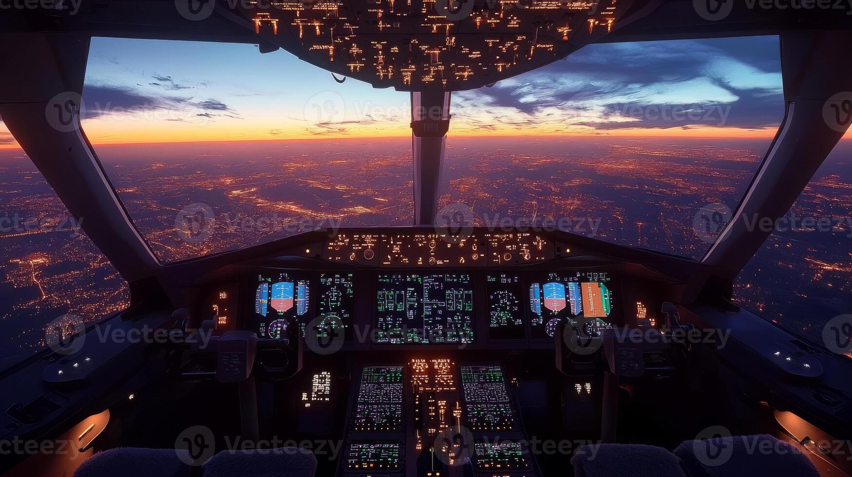 Illuminated cockpit at sunset with view of twinkling city lights below photo