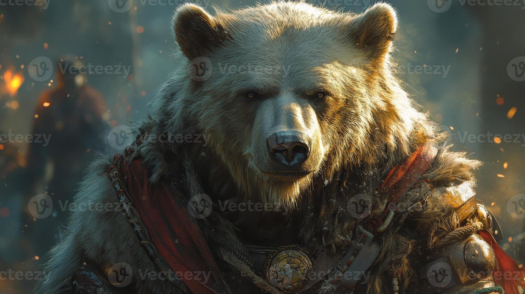Majestic armored bear in enchanted forest with fiery embers in background photo